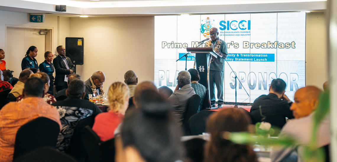 Prime Minister Hon Jeremiah Manele delivers his speech during the Prime Ministers Breakfast organized by SICCI earlier this year.